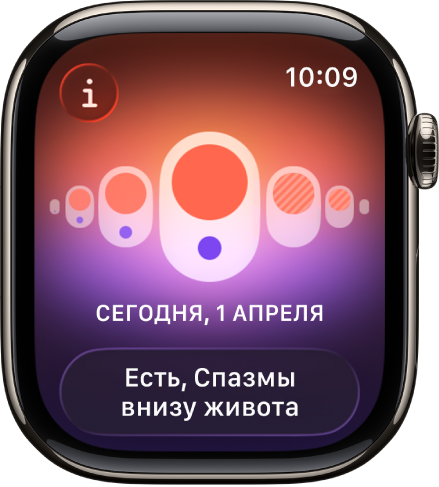 Экран приложения «Дневник цикла», в котором ведется отслеживание месячных. В нижней части экрана записывается новый симптом.