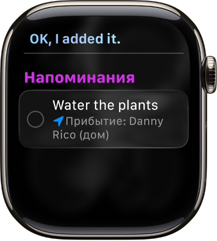 Экран Siri. Показано, как напоминание добавляется в список дел.
