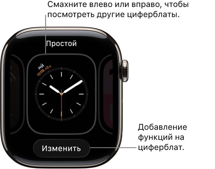 На циферблате отображается кнопка «Изменить», доступная при касании и удерживании циферблата. Название циферблата отображается в верхней части. Смахните влево или вправо, чтобы отобразить другие циферблаты.