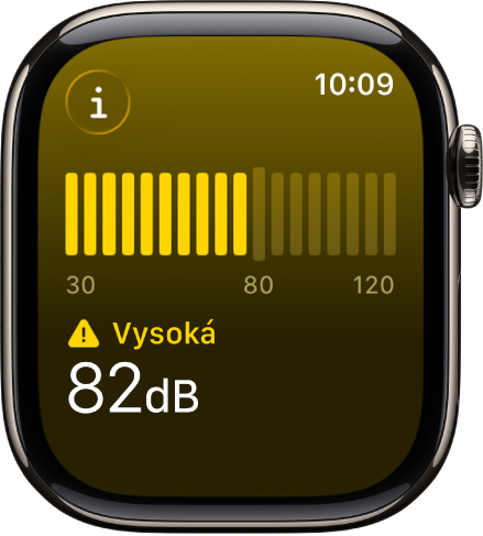 Apka Hluk zobrazujúca zvukomer a úroveň hluku 89 decibelov, nad ktorou je slovo Hlasné.