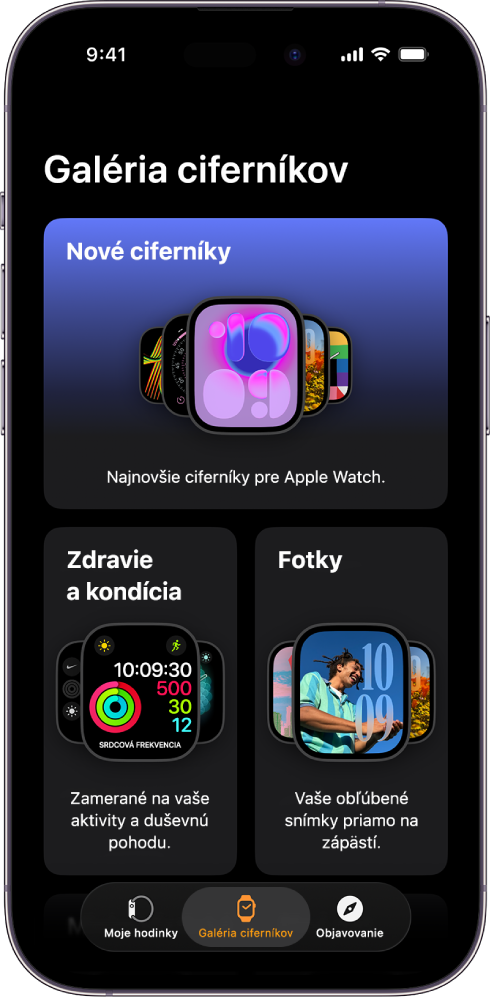 Galéria ciferníkov v apke pre Apple Watch. Horný rad zobrazuje nové ciferníky, ďalší rad zobrazuje ciferníky podľa typu, napríklad Zdravie a kondícia alebo Fotky. Rolovaním zobrazíte ďalšie ciferníky zoskupené podľa typu.