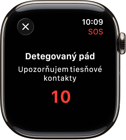 Obrazovka s hlásením Detegovaný pád a s odpočítavaním do kontaktovania tiesňových kontaktov.