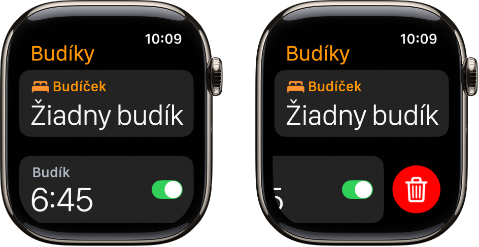 Dve obrazovky hodiniek zobrazujúce proces vymazania budíka.