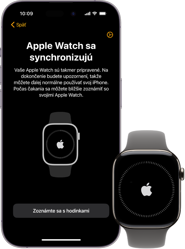 iPhone a&nbsp;Apple&nbsp;Watch zobrazujúce obrazovky synchronizácie.
