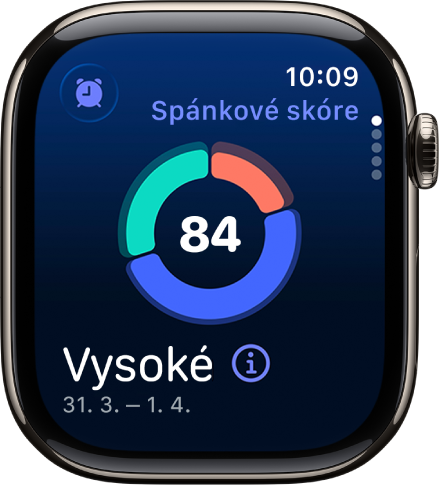 Na obrazovke Spánkové skóre sa v strede zobrazuje aktuálne skóre. Vľavo dole sa zobrazuje hodnotenie a celkové trvanie spánku.