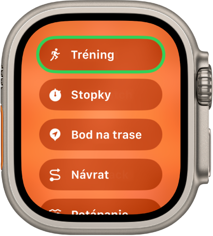 Obrazovka Rýchly prepínač zobrazujúca akcie, ktoré možno priradiť k akčnému tlačidlu, napríklad Tréning, Stopky a Bod na trase.