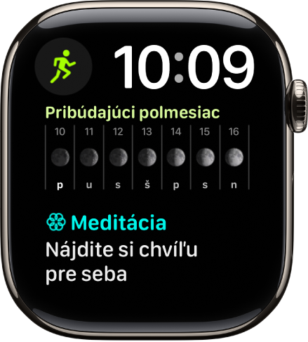 Ciferník Modulárny – duo s digitálnymi hodinami vpravo hore a tromi komplikáciami: vľavo hore Tréning, v strede Fáza mesiaca a dole Meditácia.