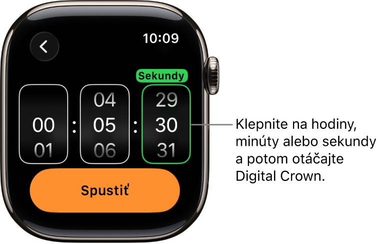 Nastavenia na vytvorenie vlastného časovača s nastavením hodín vľavo, minút v strede a sekúnd vpravo. Nižšie je tlačidlo Spustiť.