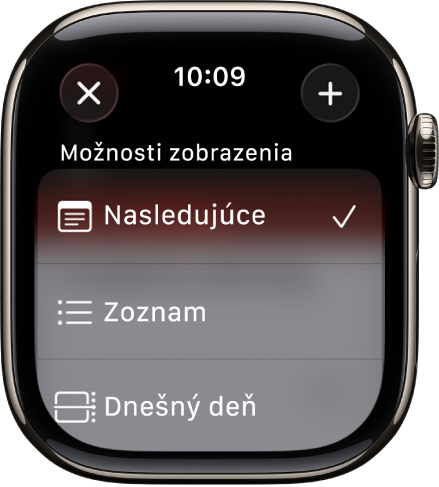 Obrazovka kalendára zobrazujúca možnosti zobrazenia: Nasledujúce, Zoznam a Deň. Vpravo hore sa nachádza tlačidlo Pridať.