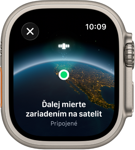 Na obrazovke je ikona satelitu nad zakriveným zemským povrchom, zelený indikátor pripojenia a text Ďalej mierte zariadením na satelit.
