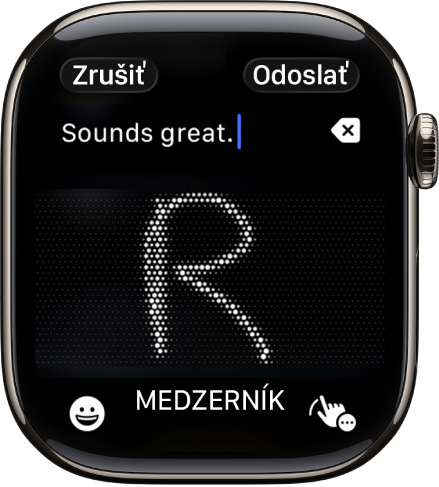 Na obrazovke s textovým poľom sa zobrazuje písmeno písané rukou. V dolnej časti obrazovky sa nachádzajú tlačidlá Emoji a Rukopis.