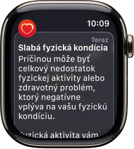 Upozornenie apky Srdcová frekvencia na nízku úroveň fyzickej kondície.