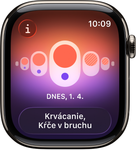 Obrazovka apky Sledovanie cyklu, na ktorej je vidno zaznamenanú menštruáciu so zaznamenanými symptómami v spodnej časti obrazovky.