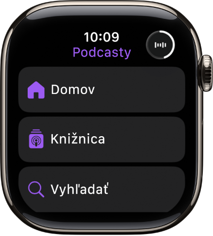 Apka Podcasty s tlačidlami Domov, Knižnica a Vyhľadávanie.