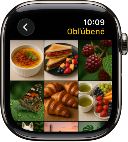 Apka Fotky na hodinkách Apple Watch zobrazujúca album s názvom Obľúbené, pričom niekoľko fotiek sa zobrazuje v mriežke.