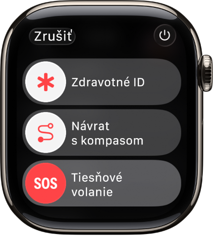 Obrazovka tiesňových služieb. V blízkosti horného okraja sa zobrazuje posuvník Zdravotného ID, uprostred posuvník návratu s kompasom a dole posuvník tiesňového volania.