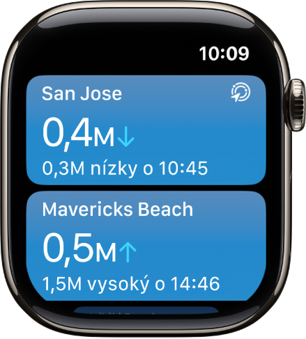 Obrazovka v apke Príliv, na ktorej je zobrazený zoznam miest s informáciami o prílive.