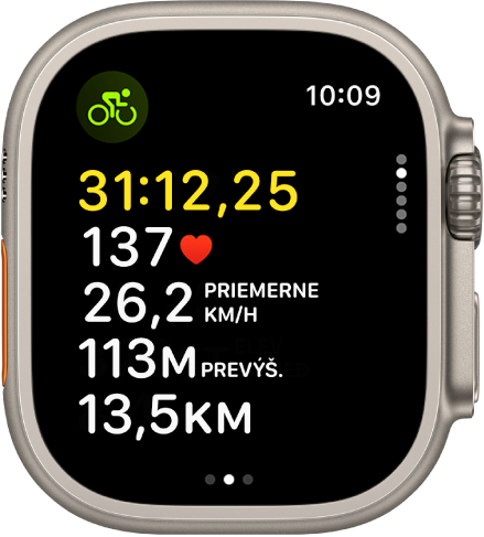 Prebiehajúci tréning Bicykel so zobrazeným uplynutým časom, srdcovou frekvenciou, priemernou rýchlosťou, prekonaným prevýšením a celkovou prejdenou vzdialenosťou.