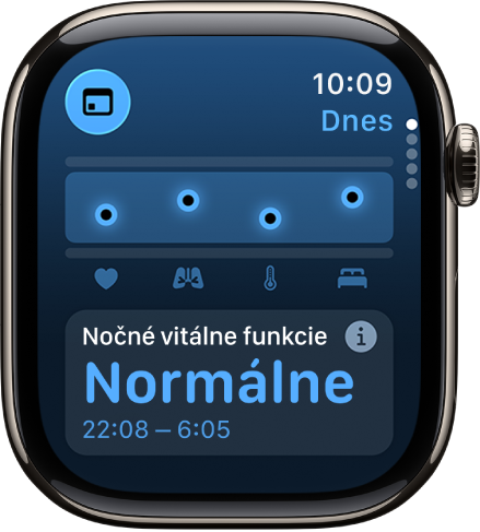 Obrazovka apky Vitálne funkcie zobrazujúca údaje o zdraví namerané cez noc.