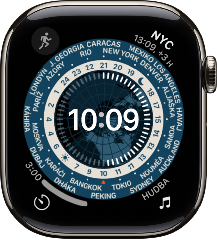 Ciferník Svetový čas zobrazujúci analógové hodiny. V strede sa nachádza glóbus so znázornením dňa a noci. Po obvode ciferníka sú čísla a mestá, ktoré indikujú čas v jednotlivých oblastiach. V každom rohu sa nachádza komplikácia: vľavo hore Hudba, vpravo hore Tlmočník, vľavo dole Časovač a vpravo dole dátum.