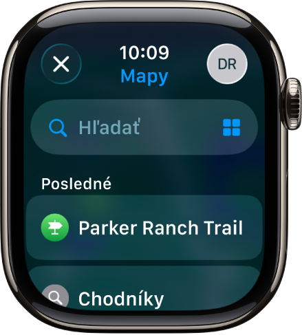 Obrazovka vyhľadávania v apke Mapy s vyhľadávacím poľom v hornej časti. V spodnej časti sa zobrazujú nedávne vyhľadávania.