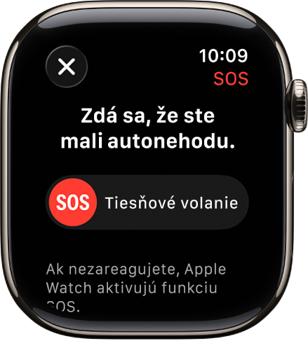 Obrazovka detekcie nehôd zobrazuje posuvník na uskutočnenie tiesňového hovoru.