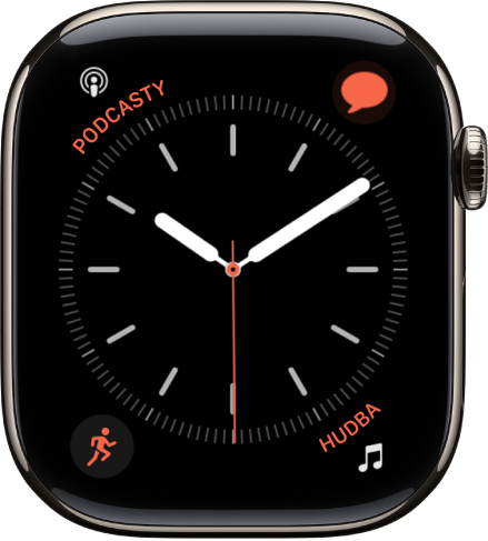 Ciferník Jednoduchý, na ktorom môžete upraviť farbu sekundovej ručičky, číslovanie a detaily číselníka. Zobrazujú sa štyri komplikácie: vľavo hore Podcasty, vpravo hore Správy, vľavo dole Tréning a vpravo dole Hudba.