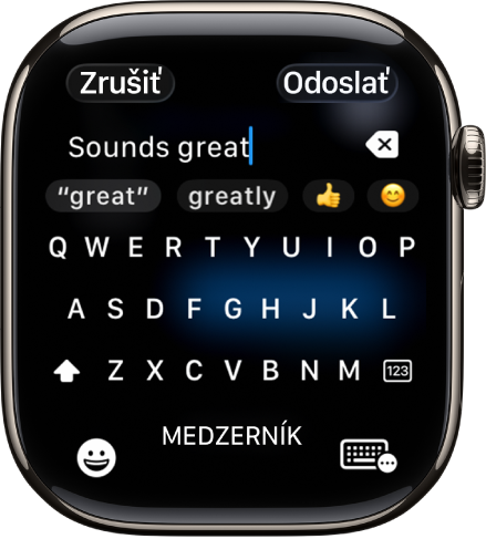 Na obrazovke s textovým poľom sa zobrazuje správa vytvorená pomocou dotykovej klávesnice. V dolnej časti obrazovky sa nachádzajú tlačidlá Emoji a Dotyková klávesnica.