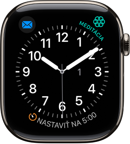 Ciferník Utilita, na ktorom môžete upraviť farbu sekundovej ručičky, číslovanie a detaily číselníka. Zobrazujú sa tri komplikácie: vľavo hore Hudba, vpravo hore Meditácia a dole Tréning.