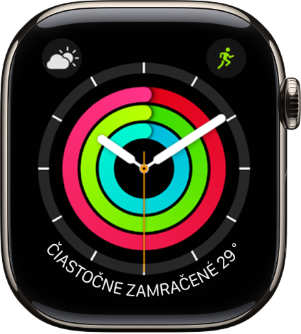 Ciferník Aktivita – analóg zobrazujúci čas spolu s priebehom cieľov pre Pohyb, Cvičenie a Státie. Na výber máte ďalšie tri komplikácie: vľavo hore Počasie, vpravo hore Tréning a dole Poveternostné podmienky.