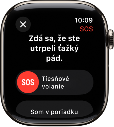 Obrazovka detekcie pádu zobrazuje posuvník na uskutočnenie tiesňového hovoru.