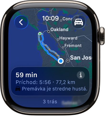 Apka Mapy so zobrazeným prehľadom trasy pre jazdu autom. Dole sa zobrazuje prvý úsek cesty.