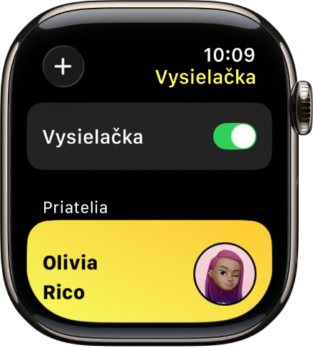 Obrazovka apky Vysielačka zobrazujúca prepínač vysielačky v hornej časti a priateľa v spodnej časti.
