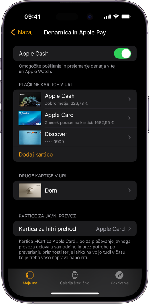Zaslon iPhona, ki prikazuje nastavitve Denarnice in storitve Apple Pay v aplikaciji Apple Watch.