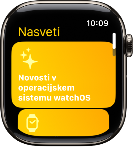 Aplikacija Nasveti prikazuje zbirke Nasvetov, kot je Dobrodošli v uri Apple Watch.