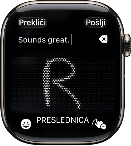 Na zaslonu besedilnega polja je prikazana črka, napisana z aplikacijo Čečkanje. Gumba Emoji in Čečkanje sta na dnu zaslona.