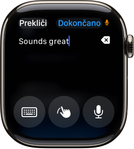 Zaslon besedilnega polja, ki prikazuje sporočilo na vrhu zaslona. Gumbi na zaslonu Tipkovnica, Čečkanje in Narekovanje so na dnu zaslona.