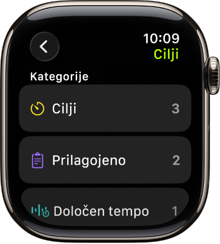 Aplikacija Vadba prikazuje ustvarjene cilje, vadbe po meri in vadbo z določenim tempom.