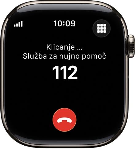 Zaslon, na katerem je prikazan klic službe za nujno pomoč v teku.