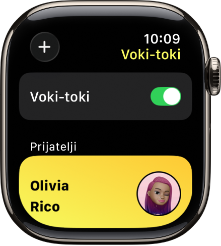 Zaslon Voki-toki, ki prikazuje stikalo Voki-toki na vrhu in prijatelja na dnu.