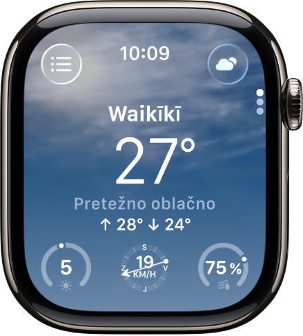 Aplikacija Vreme, ki prikazuje pregled dnevnega vremena. Ime lokacije se pojavi nad trenutno temperaturo. Na dnu so trije gumbi – Indeks UV, Hitrost vetra in Padavine. Gumb Seznam lokacij je v zgornjem desnem kotu, gumb Razmere pa v zgornjem levem kotu.