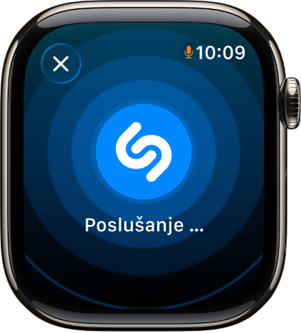 Zaslon, ki prikazuje naslov in izvajalca skladbe, ki jo je prepoznala funkcija Prepoznavanje glasbe. Spodaj desno je gumb za predvajanje.