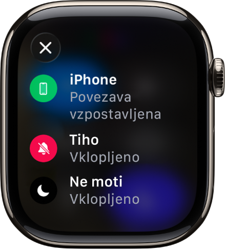Podrobnosti stanja, ki prikazujejo stanja iPhone povezan, Lokacija, ki jo uporabljajo Sporočila, Tihi način vklopljen in Način Ne moti vklopljen.