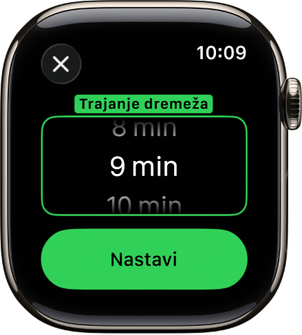 Zaslon ure, ki prikazuje možnosti za nastavitev trajanja dremeža v aplikaciji Alarmi.