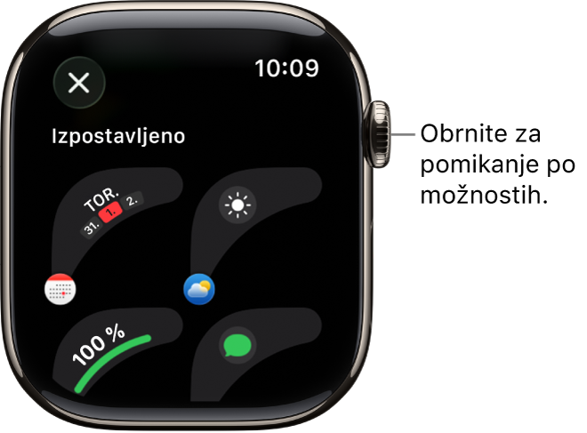 Prilagodi zaslon za številčnico ure, ki prikazuje predstavljene komplikacije. Zavrtite gumb Digital Crown za brskanje po komplikacijah.