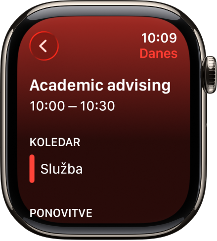 Zaslon Koledar, ki prikazuje nov dogodek. Ime dogodka je na vrhu, čas dogodka pa je spodaj. Pod naslovom Koledar je datum dogodka in ime koledarja, ki mu dogodek pripada.