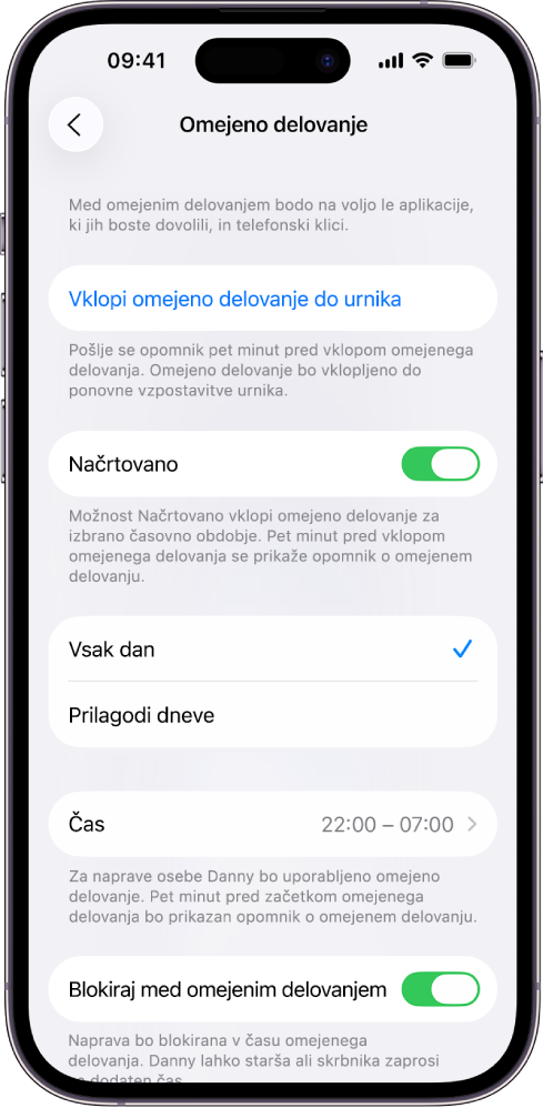 iPhone, ki prikazuje zaslon za nastavitev časa nedelovanja. Načrtovano stikalo je blizu vrha. Možnosti Vsak dan in Prilagodi dneve se prikažejo pod tem, pri čemer je izbran Vsak dan. Ure od in do so na sredini zaslona, gumb Blokiraj ob nedelovanju pa blizu dna.