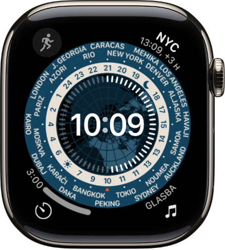 Številčnica Svetovni čas prikazuje analogno uro. Na sredini je zemljevid sveta, ki prikazuje dan in noč. Okrog številčnice so prikazane številke in imena mest, ki označujejo čas na vsaki lokaciji. Komplikacije so v vseh kotih: Glasba zgoraj levo, Prevajanje zgoraj desno, Časovnik spodaj levo in datum spodaj desno.