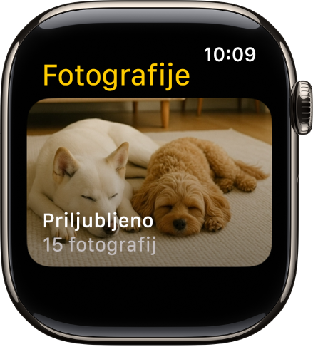 Aplikacija Fotografije v uri Apple Watch prikazuje album, imenovan Priljubljene.