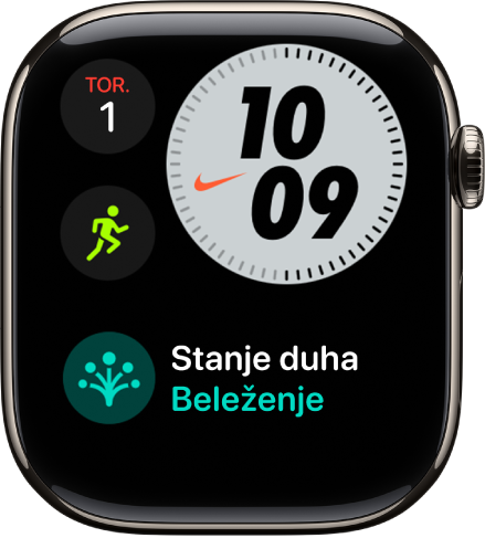 Številčnica Nike Compact prikazuje dan in datum v zgornjem levem kotu, čas v zgornjem desnem kotu, komplikacijo Vadba na sredini levo in komplikacijo Časovniki.